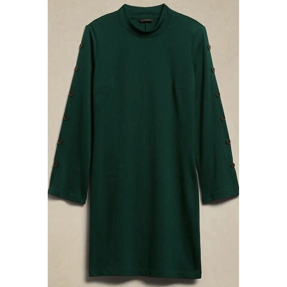 Banana Republic Women's Green Mock Neck Button Sleeve Shift Dress Sz Small Tall - Picture 2 of 7